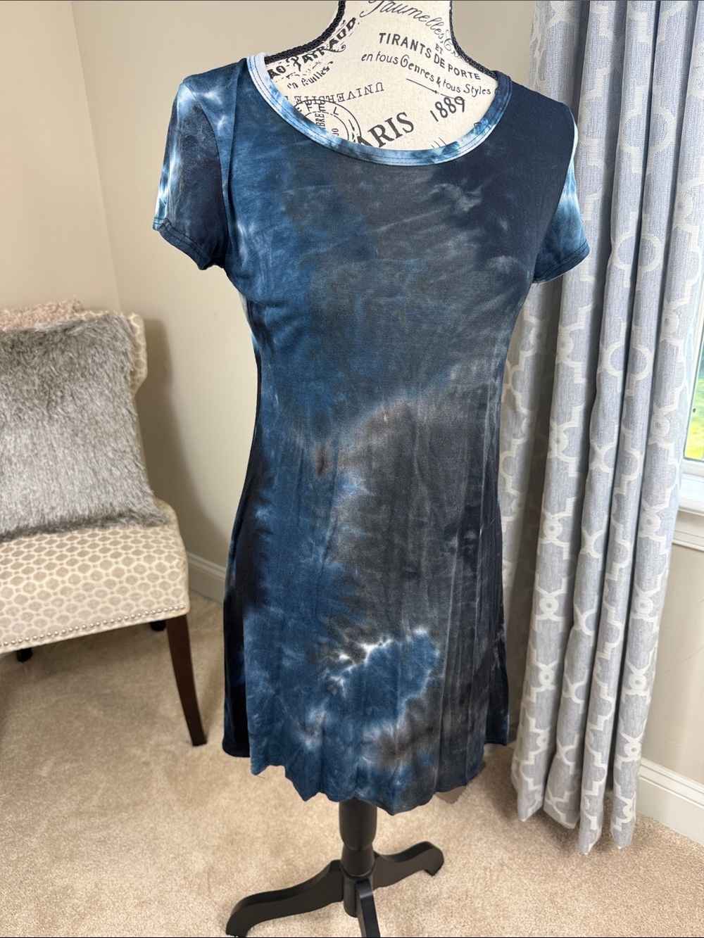 Tie-Dye Blue Short Sleeve Swing Dress